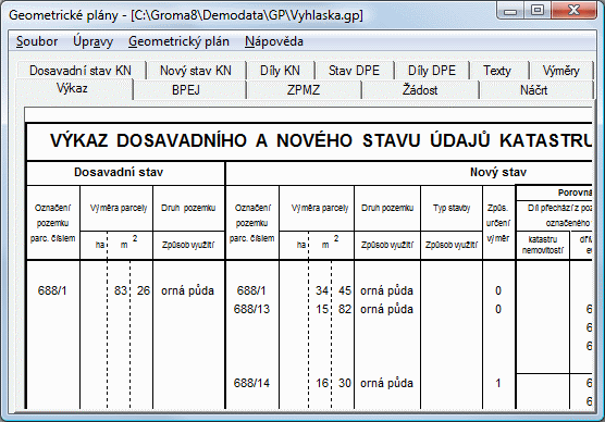 Modul Geometrické plány - tabulky